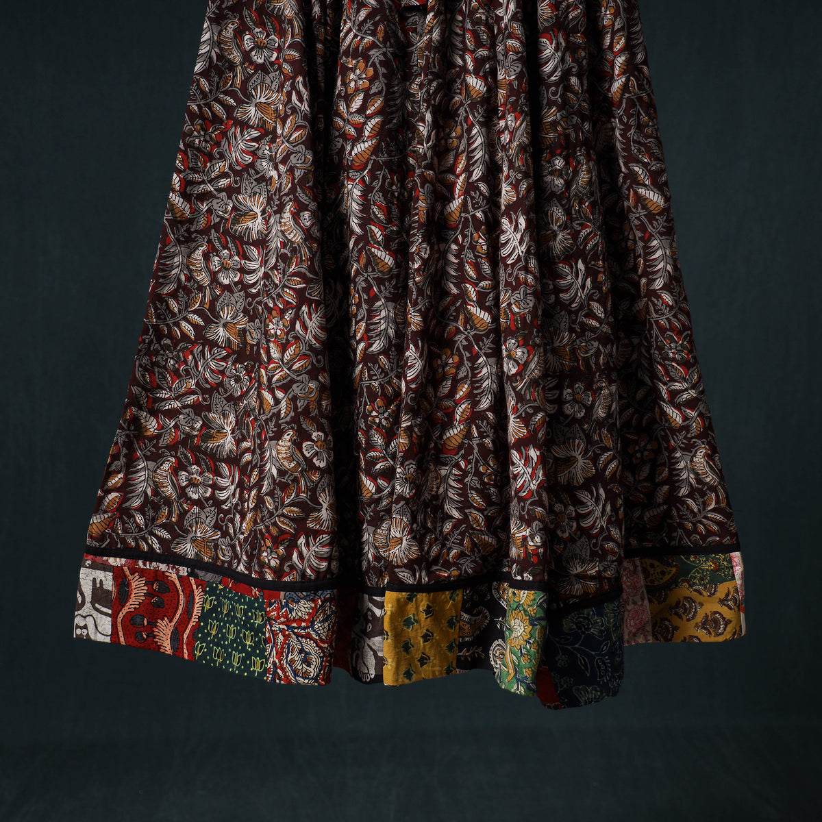 Bagru Hand Block Print 24 Kali Cotton Long Skirt with Patchwork Border 118
