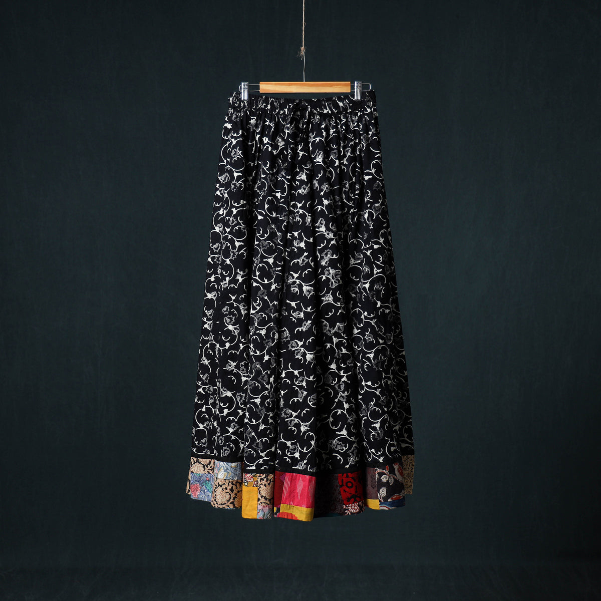Bagru Hand Block Print 24 Kali Cotton Long Skirt with Patchwork Border 119