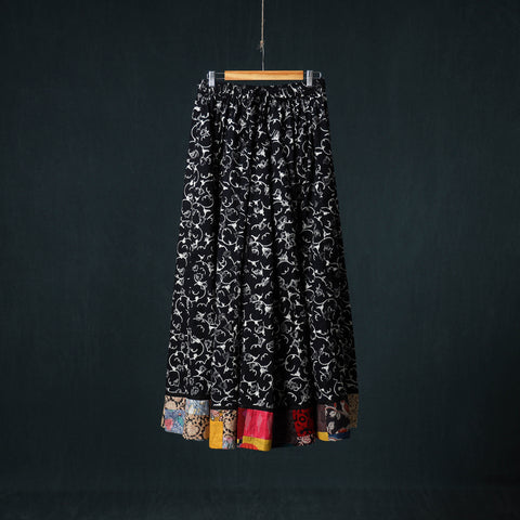 Black - Bagru Hand Block Print 24 Kali Cotton Long Skirt with Patchwork Border 119