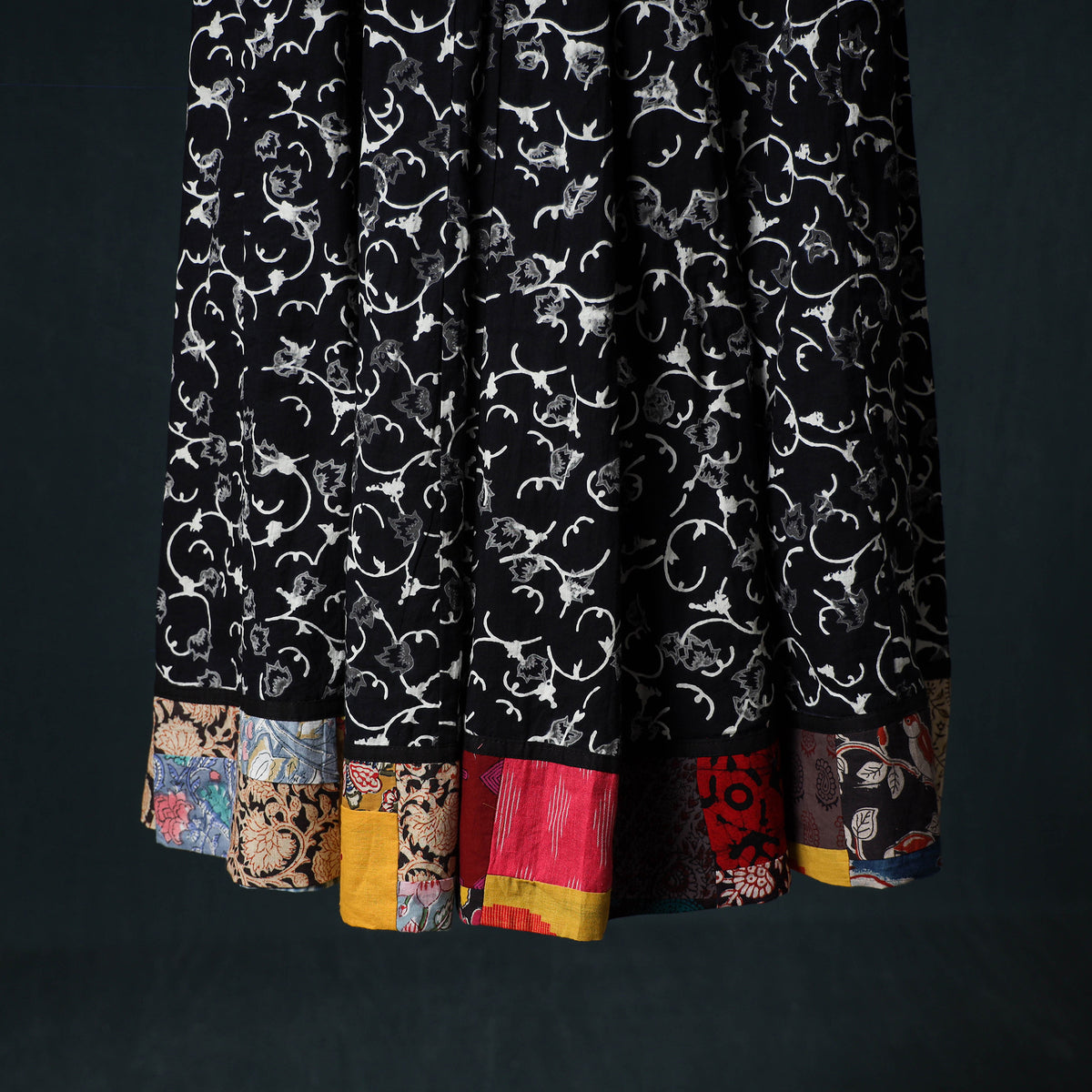 Bagru Hand Block Print 24 Kali Cotton Long Skirt with Patchwork Border 119