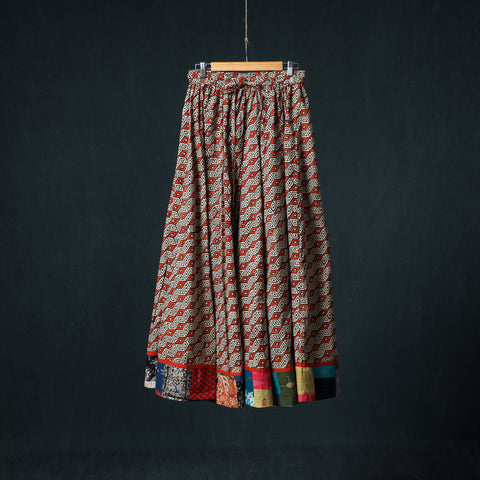 Multicolor - Bagru Hand Block Print 24 Kali Cotton Long Skirt with Patchwork Border 120