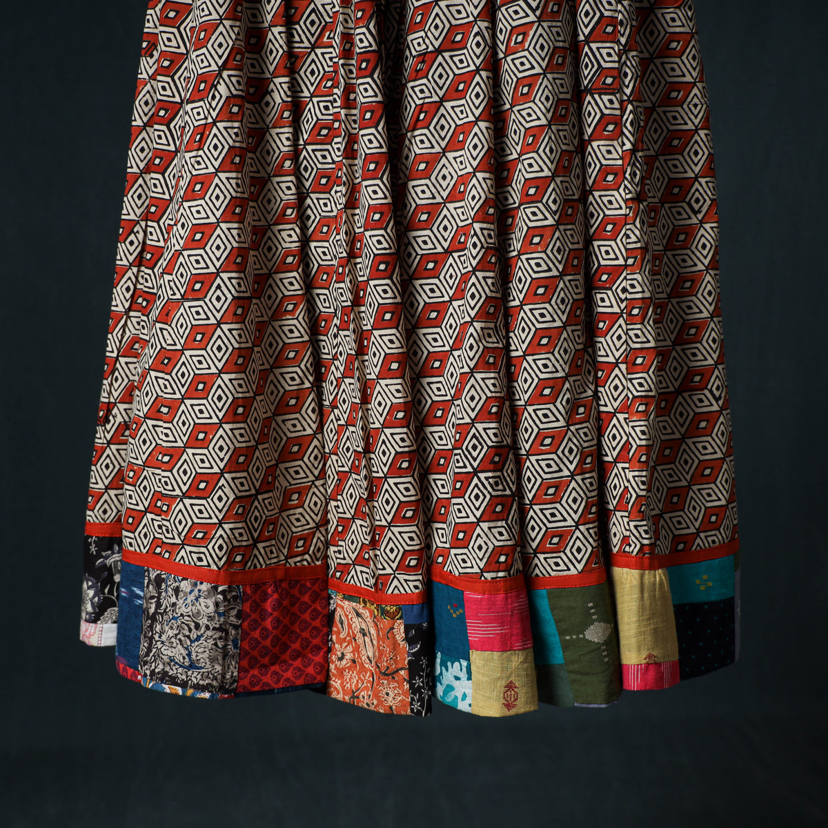 Bagru Hand Block Print 24 Kali Cotton Long Skirt with Patchwork Border 120