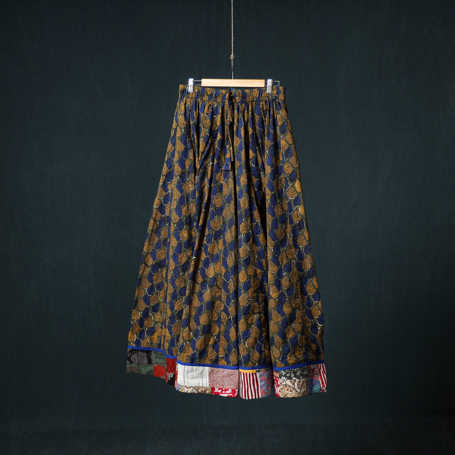 Bagru Hand Block Print 24 Kali Cotton Long Skirt with Patchwork Border 121