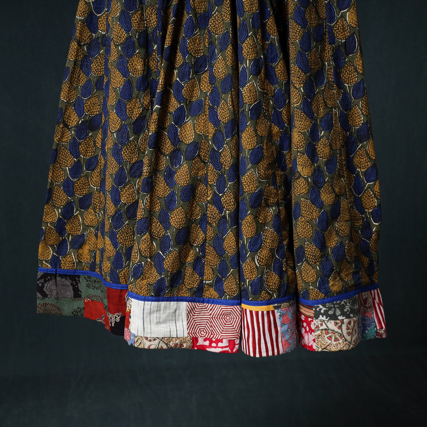 Bagru Hand Block Print 24 Kali Cotton Long Skirt with Patchwork Border 121
