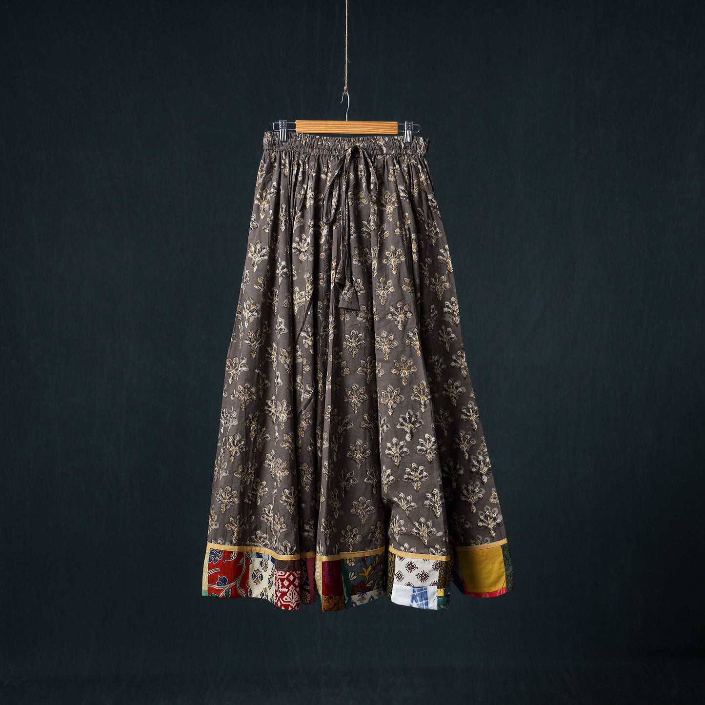 Bagru Hand Block Print 24 Kali Cotton Long Skirt with Patchwork Border 122