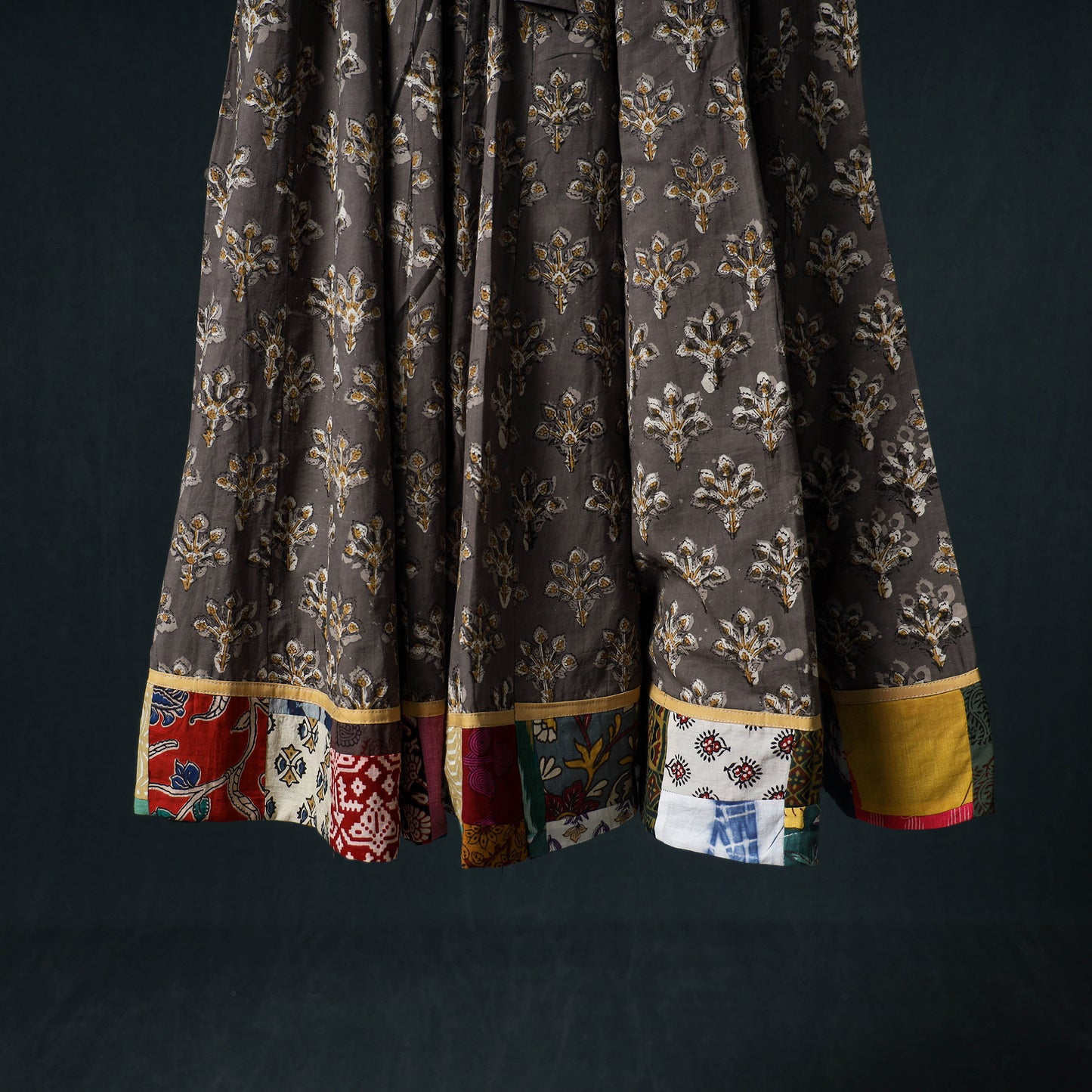 Bagru Hand Block Print 24 Kali Cotton Long Skirt with Patchwork Border 122