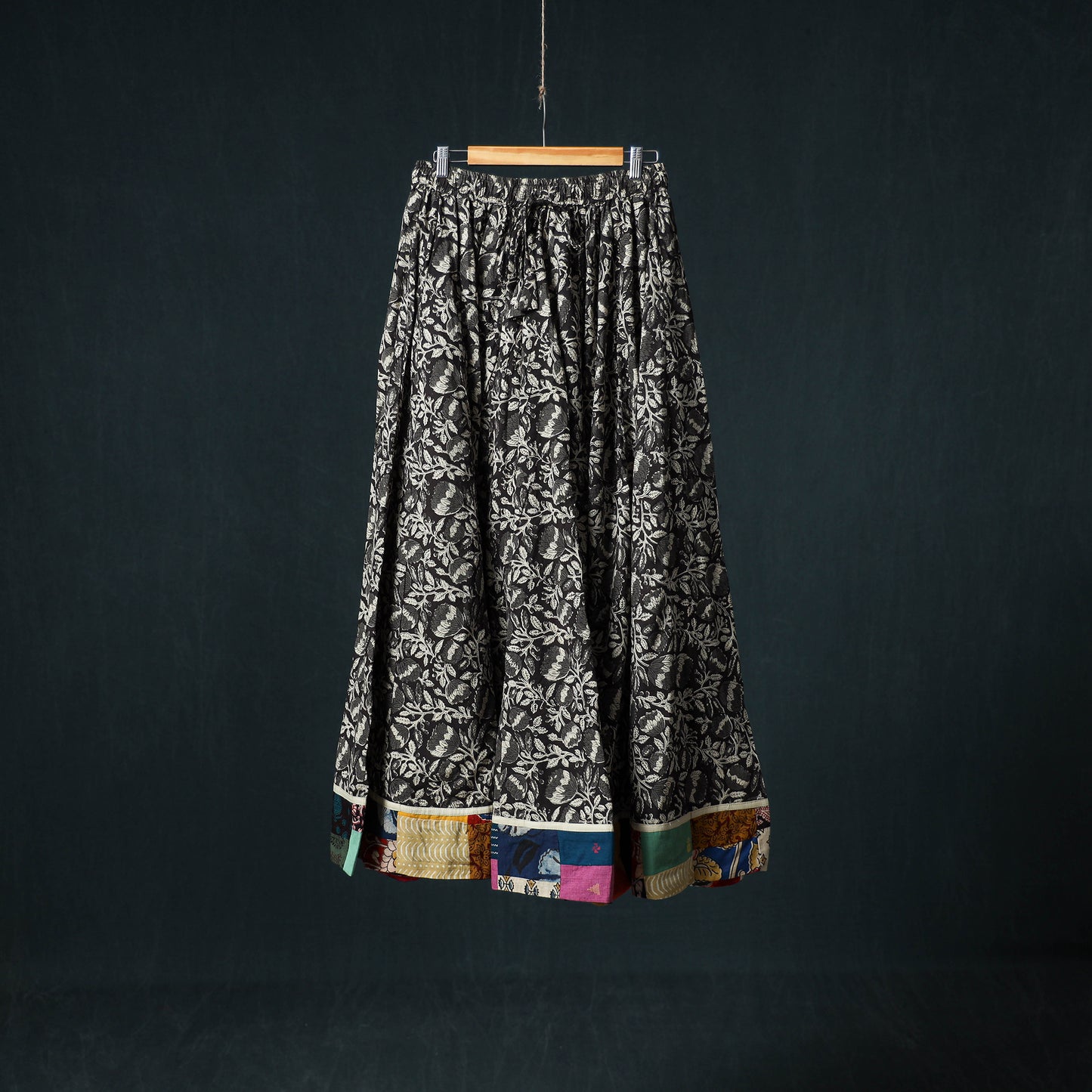 Bagru Hand Block Print 24 Kali Cotton Long Skirt with Patchwork Border 124