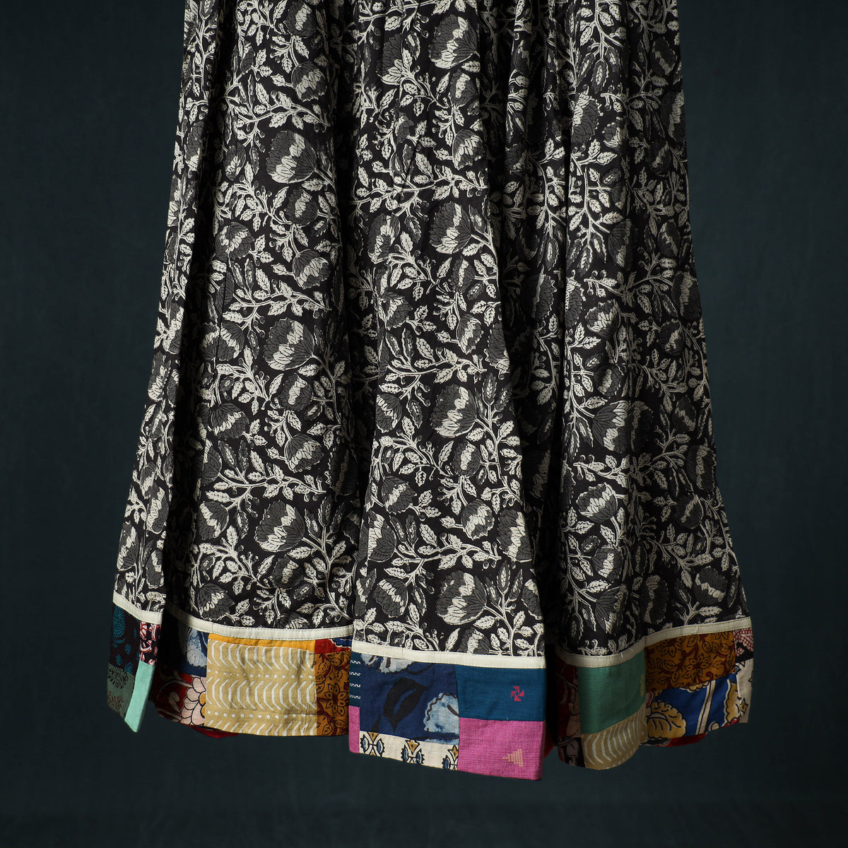 Bagru Hand Block Print 24 Kali Cotton Long Skirt with Patchwork Border 124