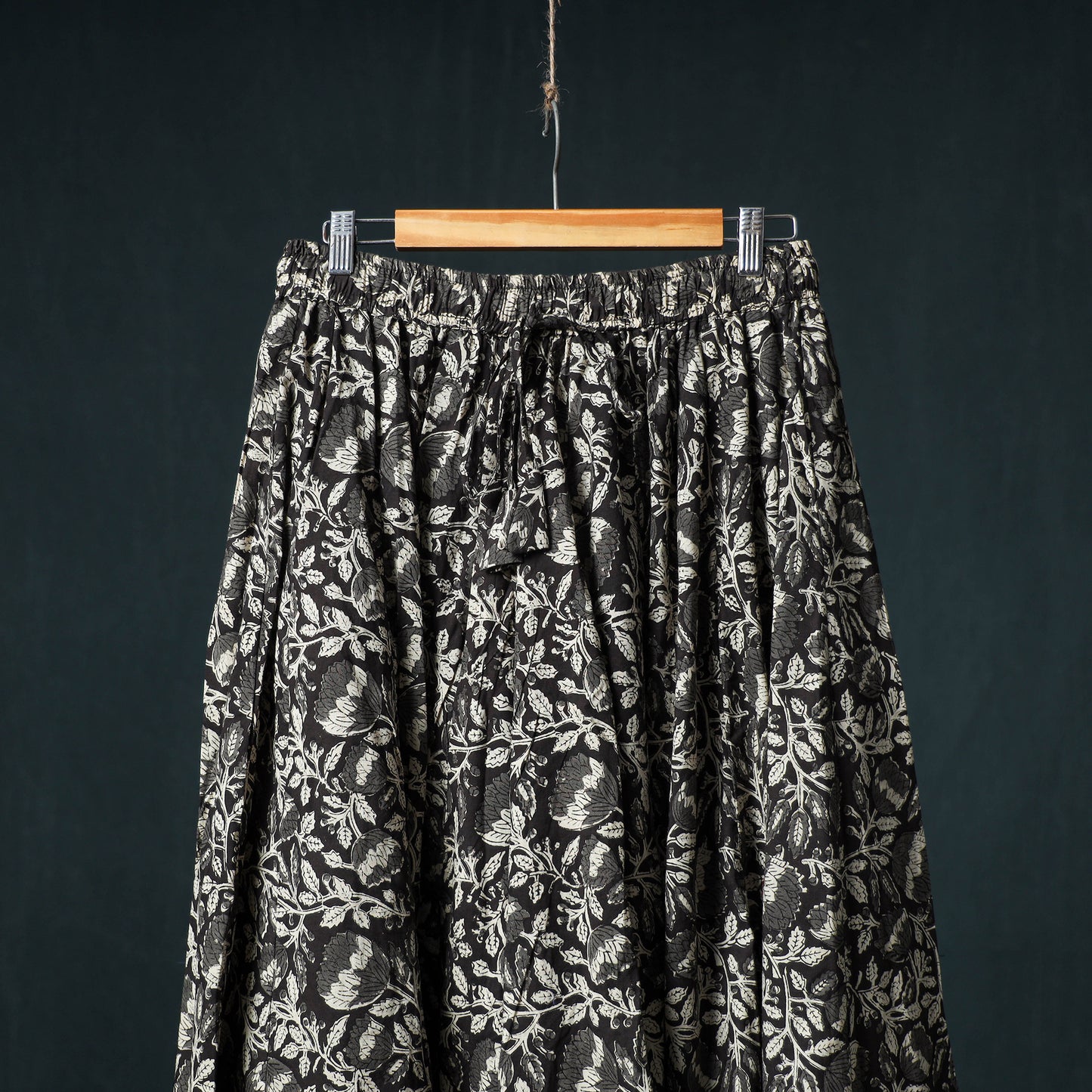 Bagru Hand Block Print 24 Kali Cotton Long Skirt with Patchwork Border 124