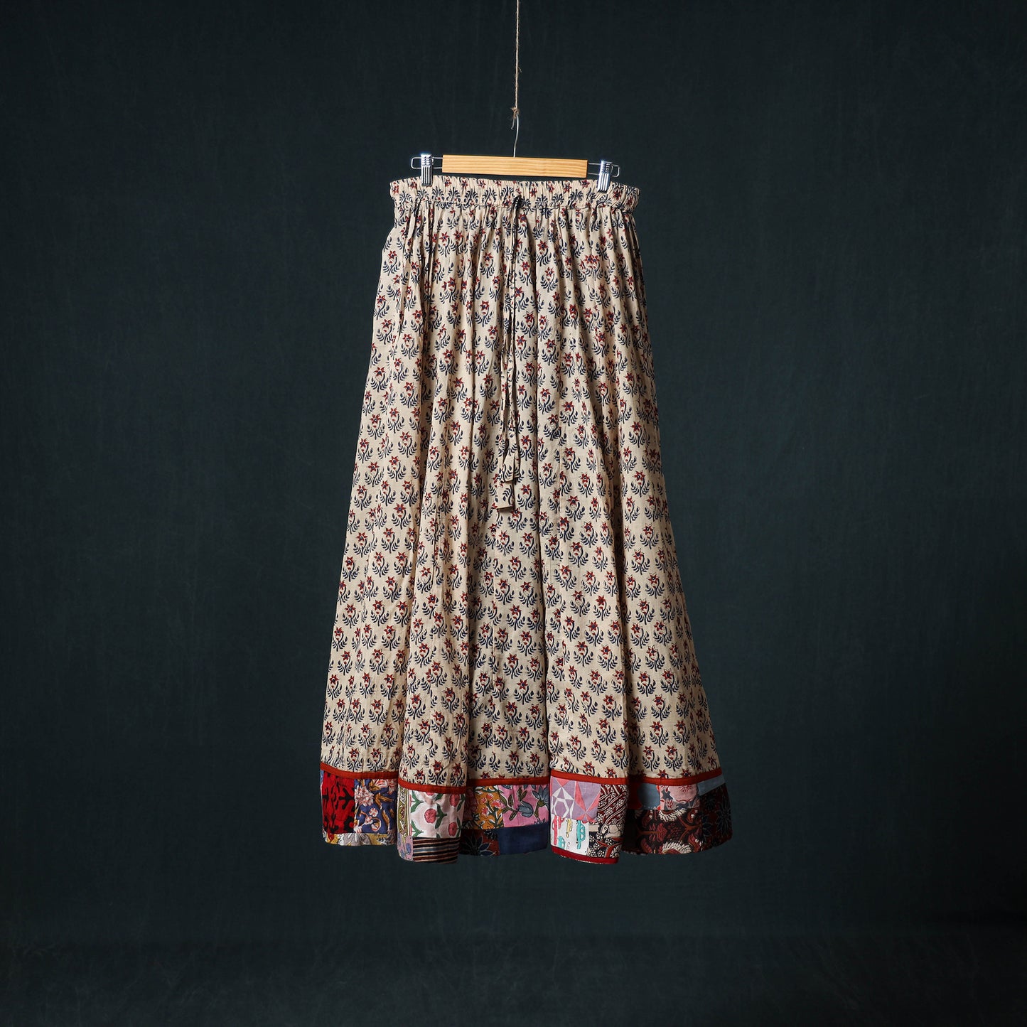 Bagru Hand Block Print 24 Kali Cotton Long Skirt with Patchwork Border 125