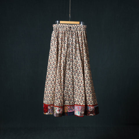 Beige - Bagru Hand Block Print 24 Kali Cotton Long Skirt with Patchwork Border 125