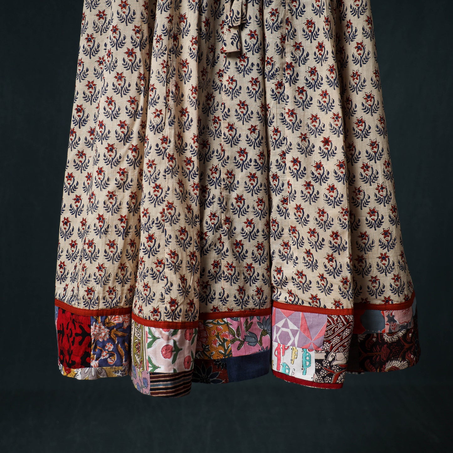 Bagru Hand Block Print 24 Kali Cotton Long Skirt with Patchwork Border 125