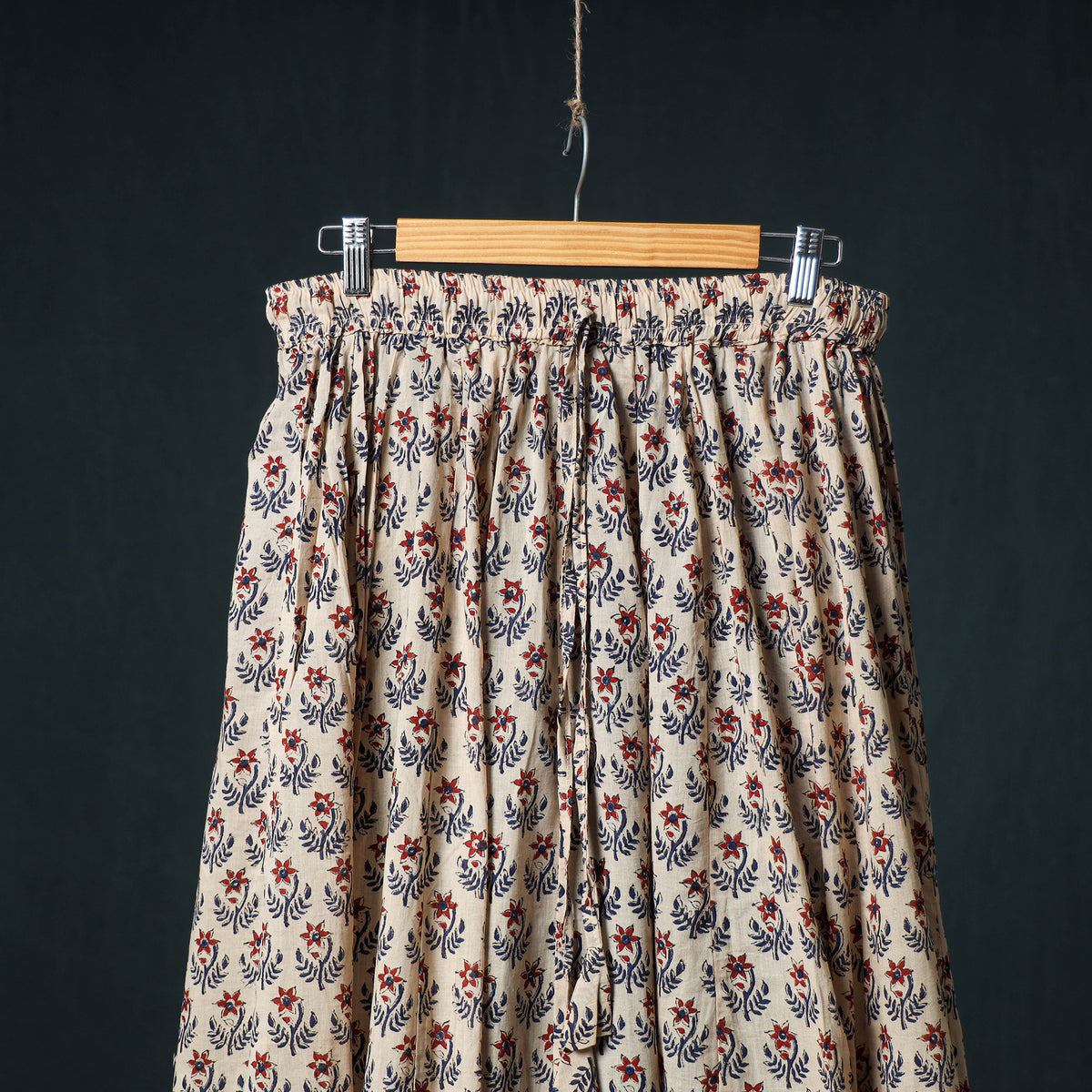 Bagru Hand Block Print 24 Kali Cotton Long Skirt with Patchwork Border 125