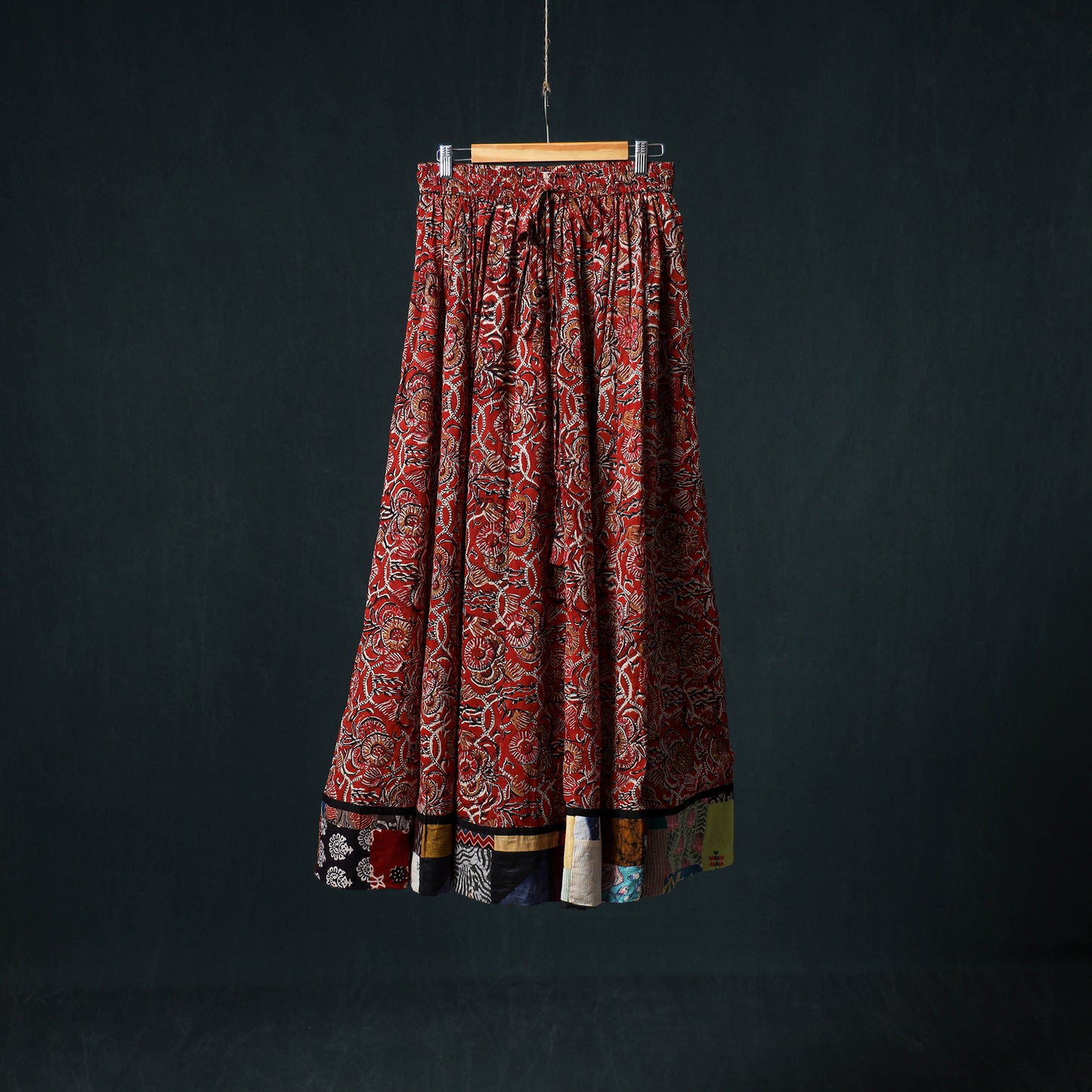 Bagru Hand Block Print 24 Kali Cotton Long Skirt with Patchwork Border 126