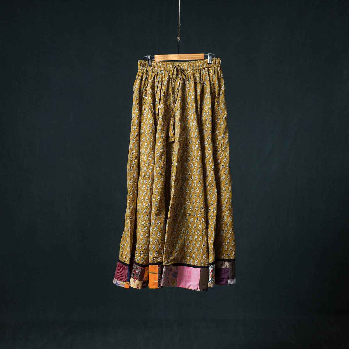 Bagru Hand Block Print 24 Kali Cotton Long Skirt with Patchwork Border 127
