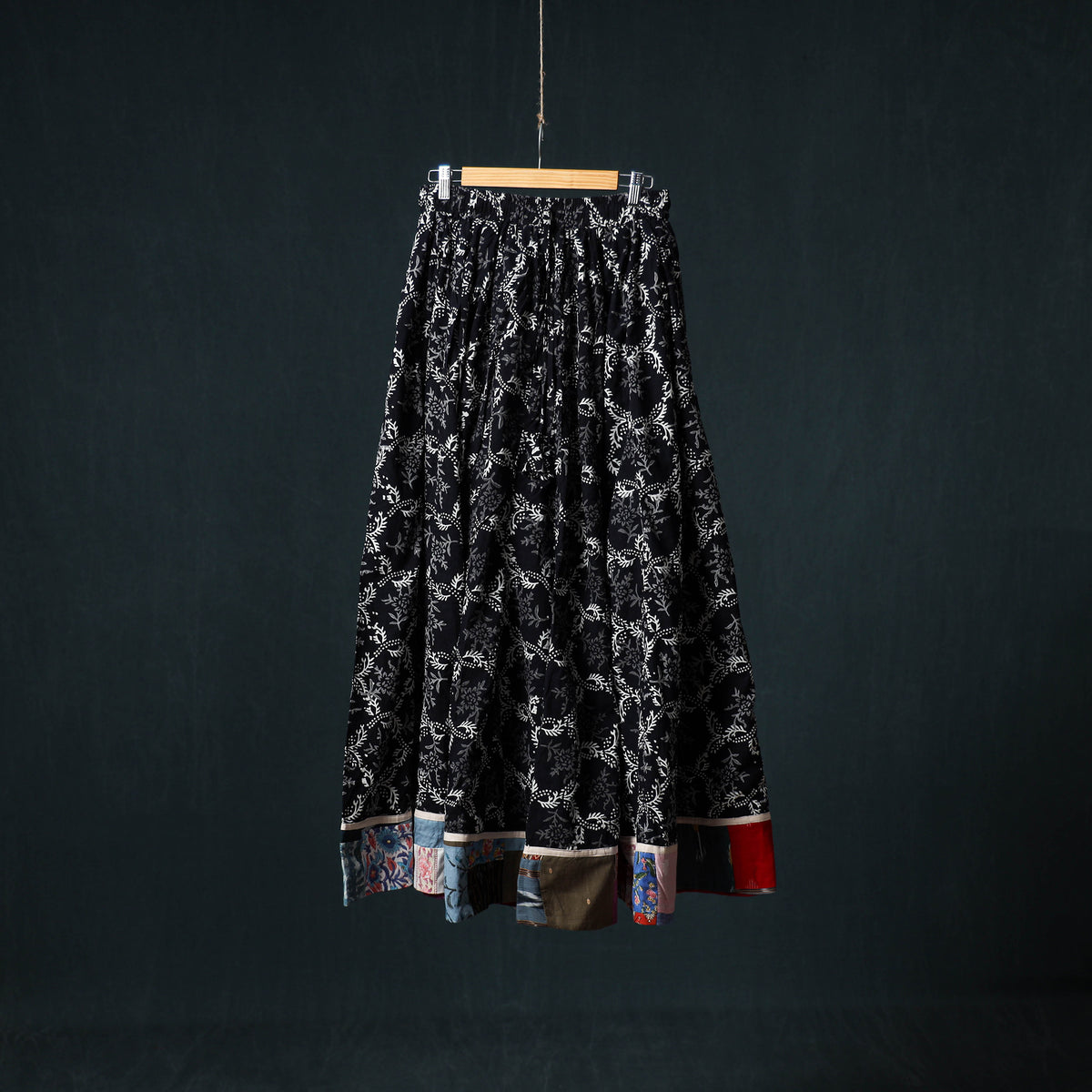 Bagru Hand Block Print 24 Kali Cotton Long Skirt with Patchwork Border 129