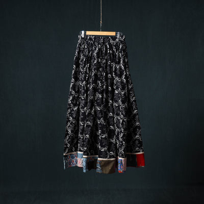 Bagru Hand Block Print 24 Kali Cotton Long Skirt with Patchwork Border 129