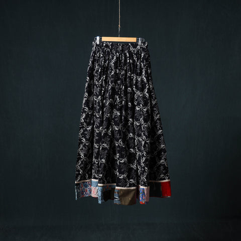 Black - Bagru Hand Block Print 24 Kali Cotton Long Skirt with Patchwork Border 129