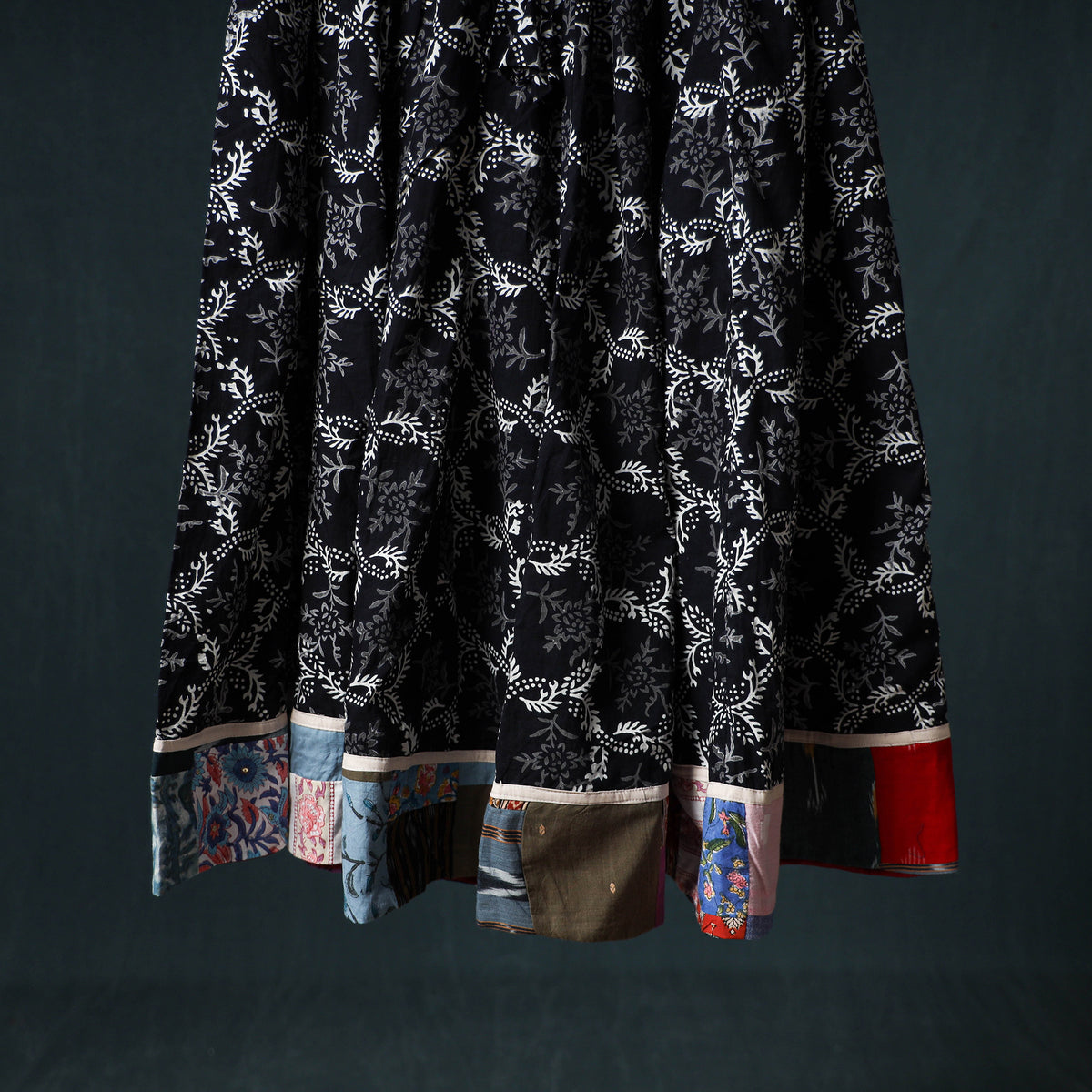 Bagru Hand Block Print 24 Kali Cotton Long Skirt with Patchwork Border 129