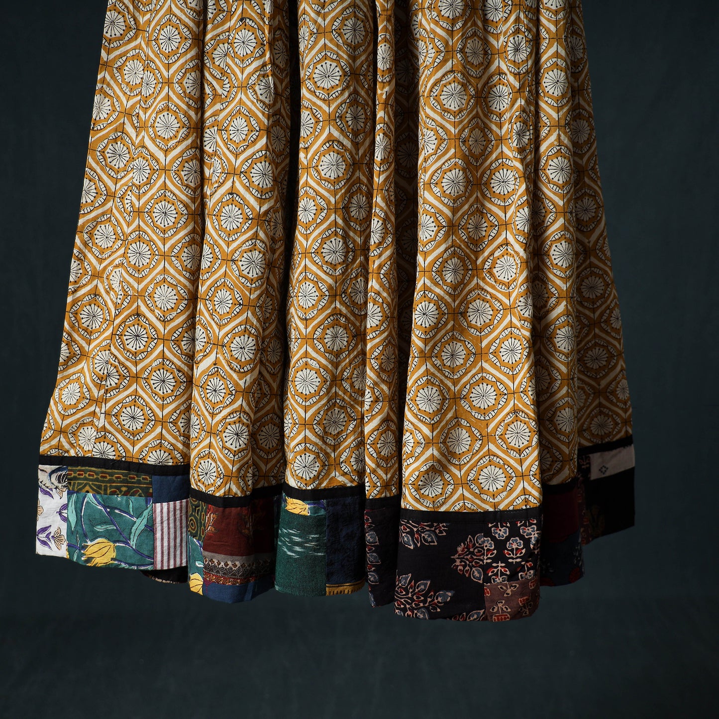 Bagru Hand Block Print 24 Kali Cotton Long Skirt with Patchwork Border 130