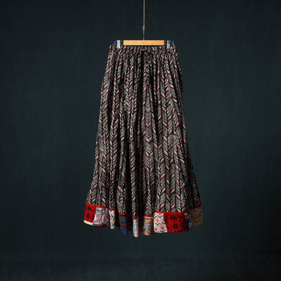 Bagru Hand Block Print 24 Kali Cotton Long Skirt with Patchwork Border 131