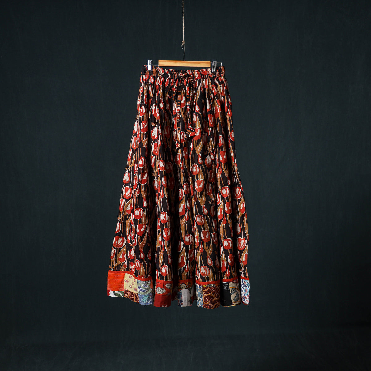 Bagru Hand Block Print 24 Kali Cotton Long Skirt with Patchwork Border 132