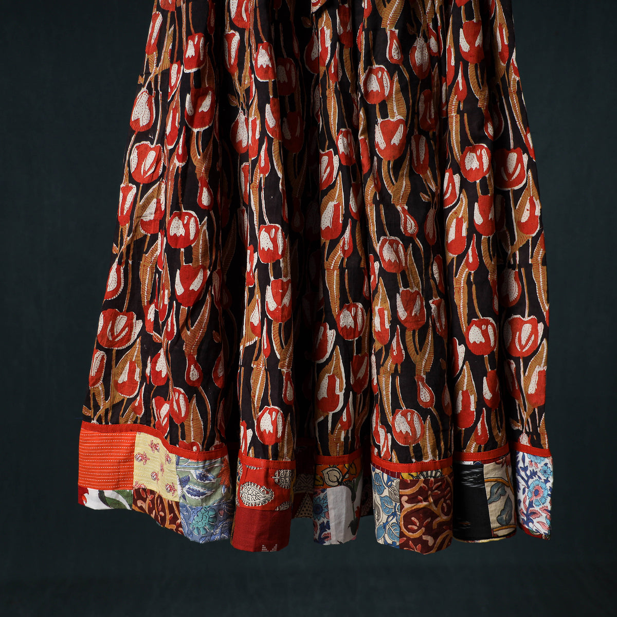 Bagru Hand Block Print 24 Kali Cotton Long Skirt with Patchwork Border 132