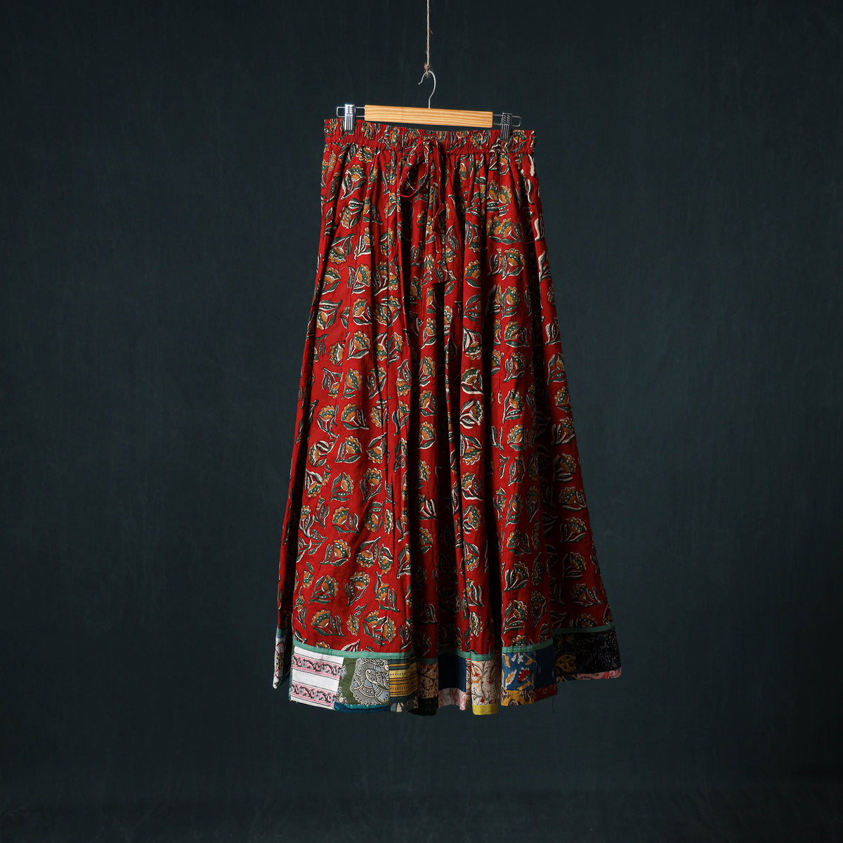 Bagru Hand Block Print 24 Kali Cotton Long Skirt with Patchwork Border 133