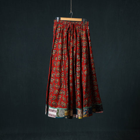 Red - Bagru Hand Block Print 24 Kali Cotton Long Skirt with Patchwork Border 133