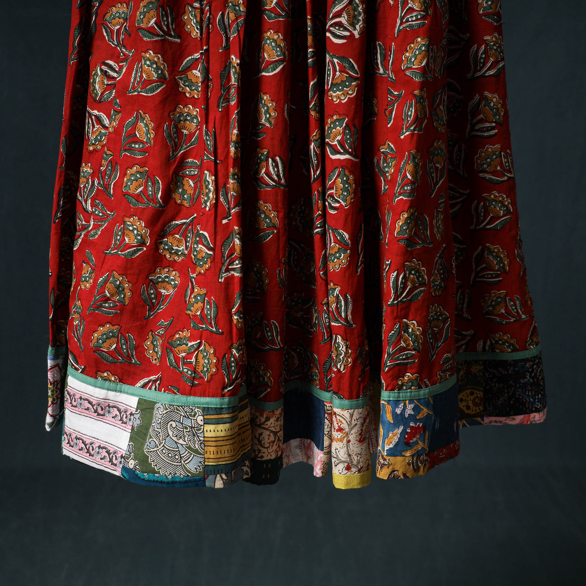 Bagru Hand Block Print 24 Kali Cotton Long Skirt with Patchwork Border 133