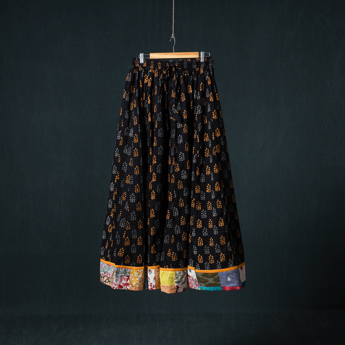 Bagru Hand Block Print 24 Kali Cotton Long Skirt with Patchwork Border 134