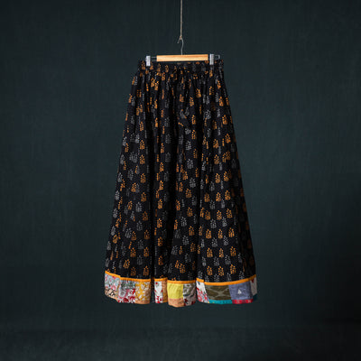 Bagru Hand Block Print 24 Kali Cotton Long Skirt with Patchwork Border 134