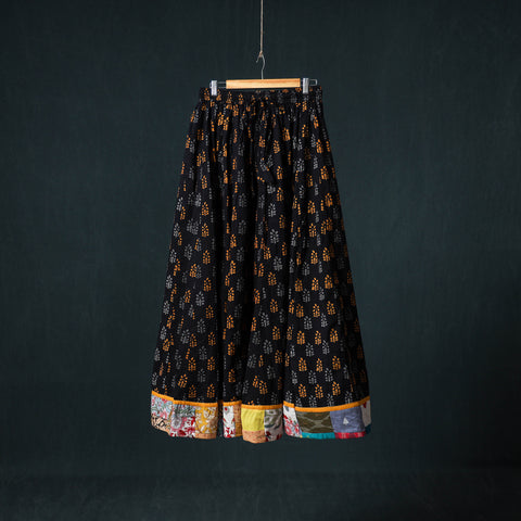 Black - Bagru Hand Block Print 24 Kali Cotton Long Skirt with Patchwork Border 134