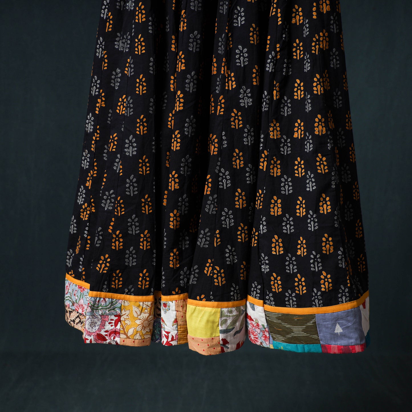 Bagru Hand Block Print 24 Kali Cotton Long Skirt with Patchwork Border 134