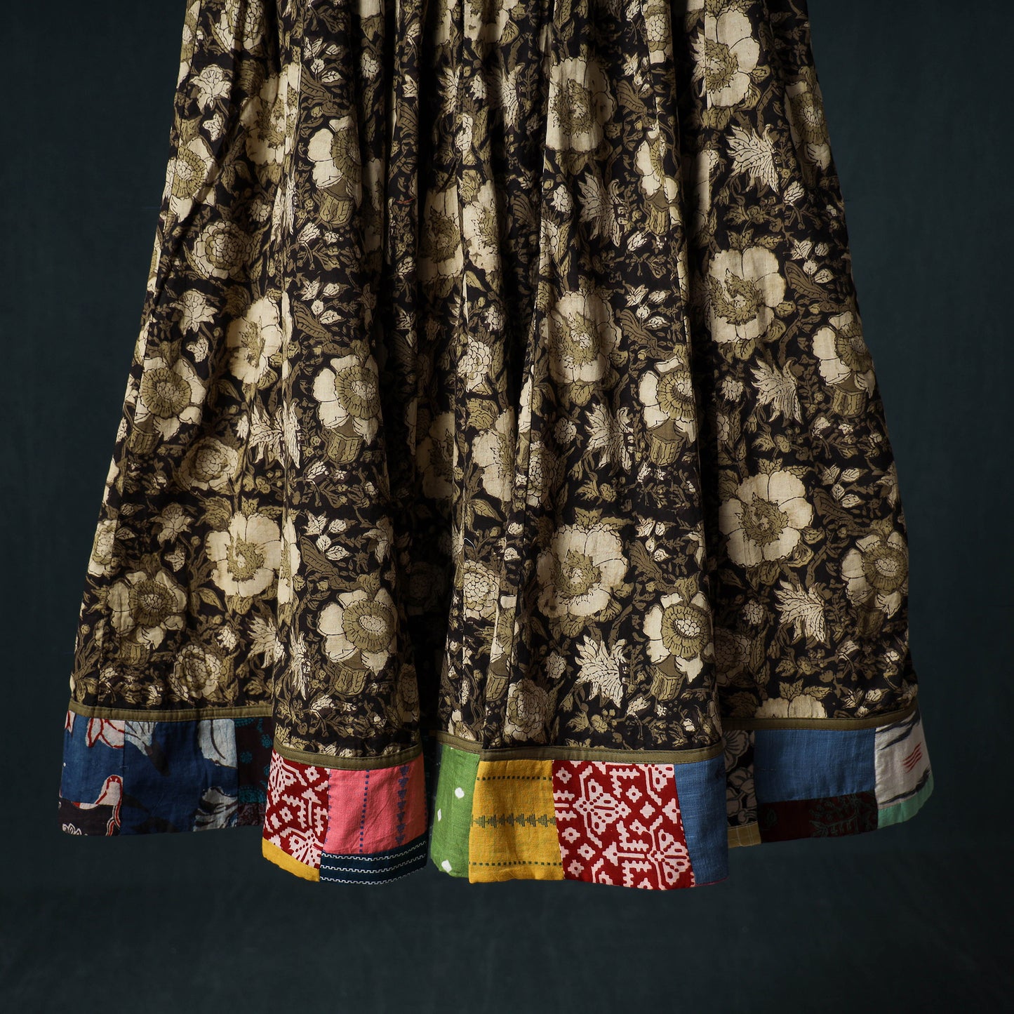 Bagru Hand Block Print 24 Kali Cotton Long Skirt with Patchwork Border 135