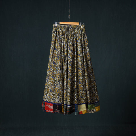 Green - Bagru Hand Block Print 24 Kali Cotton Long Skirt with Patchwork Border 136