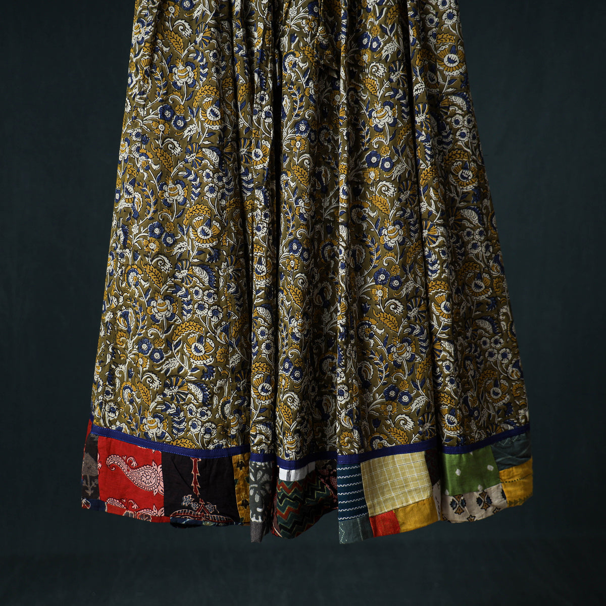 Bagru Hand Block Print 24 Kali Cotton Long Skirt with Patchwork Border 136