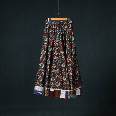 Maroon - Bagru Hand Block Print 24 Kali Cotton Long Skirt with Patchwork Border 137