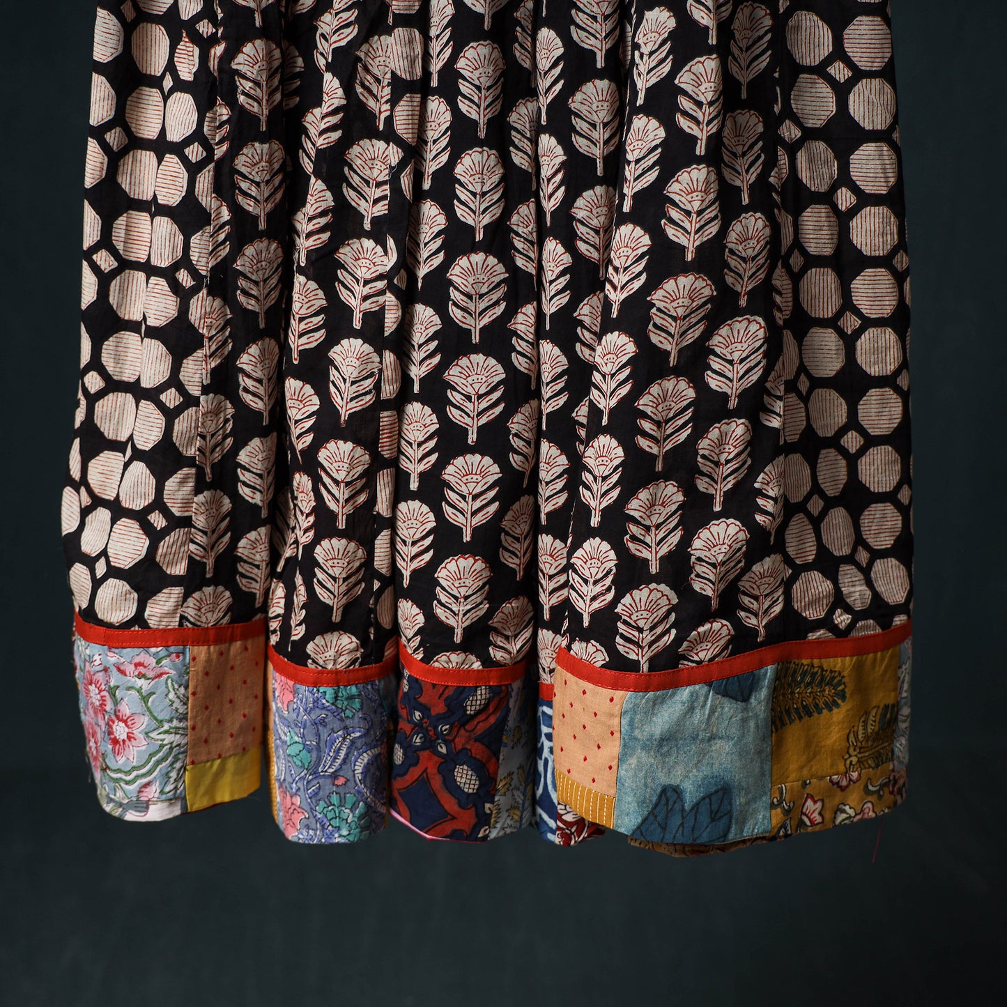 Bagru Hand Block Print 24 Kali Cotton Long Skirt with Patchwork Border 138