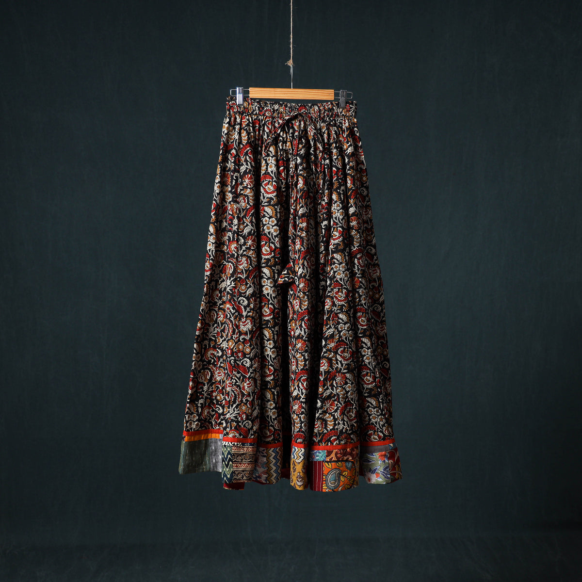 Bagru Hand Block Print 24 Kali Cotton Long Skirt with Patchwork Border 139
