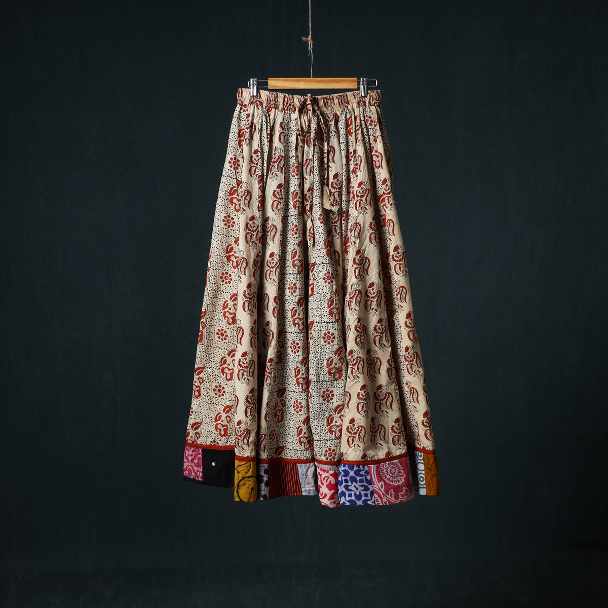 Bagru Hand Block Print 24 Kali Cotton Long Skirt with Patchwork Border 140