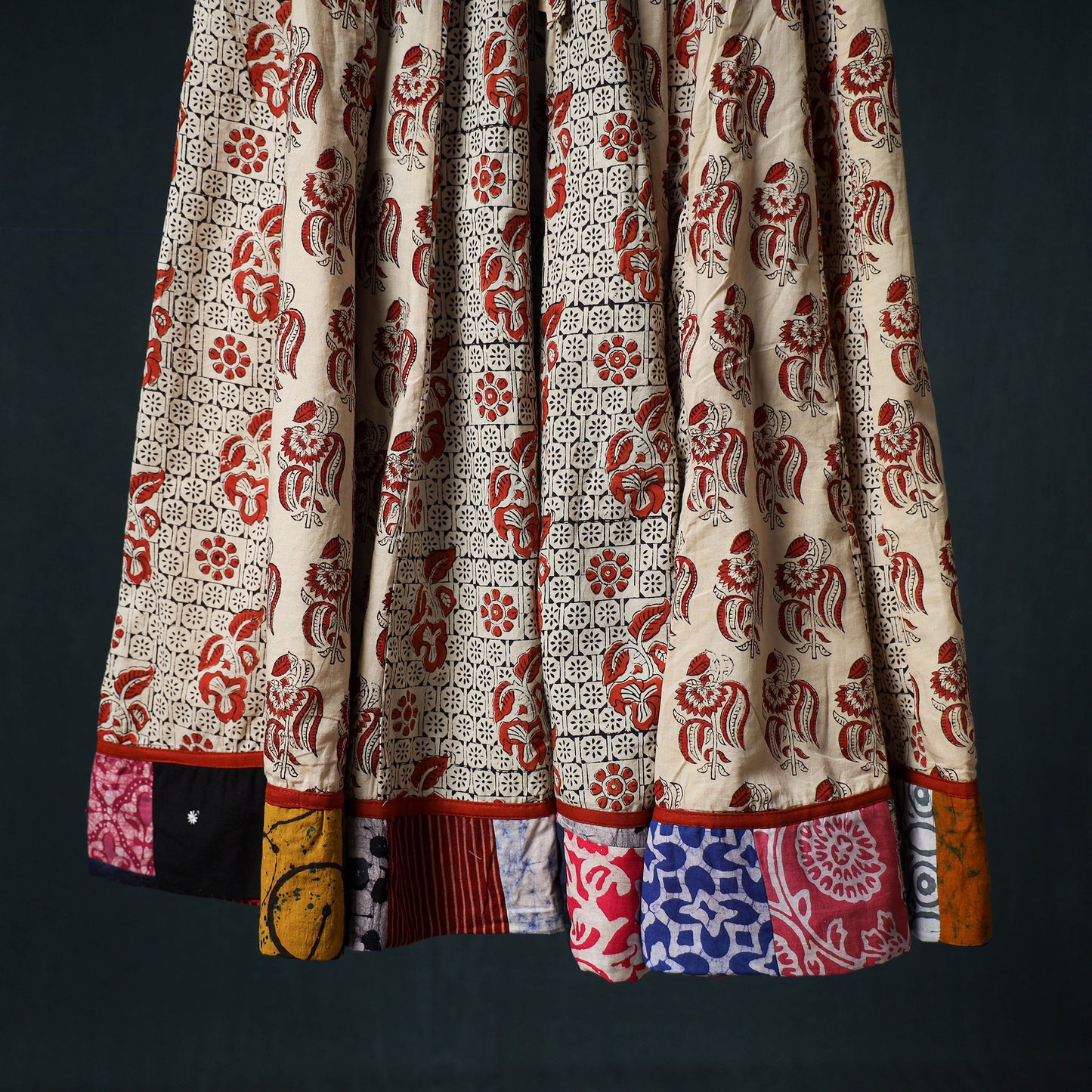 Bagru Hand Block Print 24 Kali Cotton Long Skirt with Patchwork Border 140
