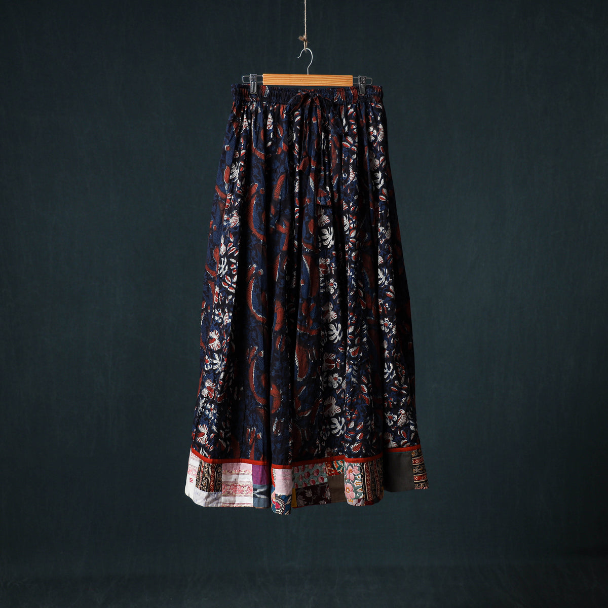 Bagru Hand Block Print 24 Kali Cotton Long Skirt with Patchwork Border 141