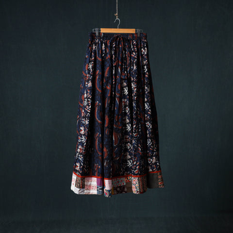 Blue - Bagru Hand Block Print 24 Kali Cotton Long Skirt with Patchwork Border 141