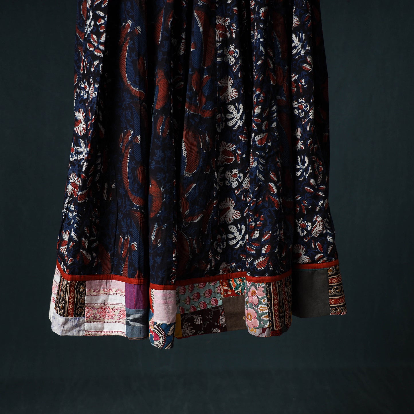 Bagru Hand Block Print 24 Kali Cotton Long Skirt with Patchwork Border 141
