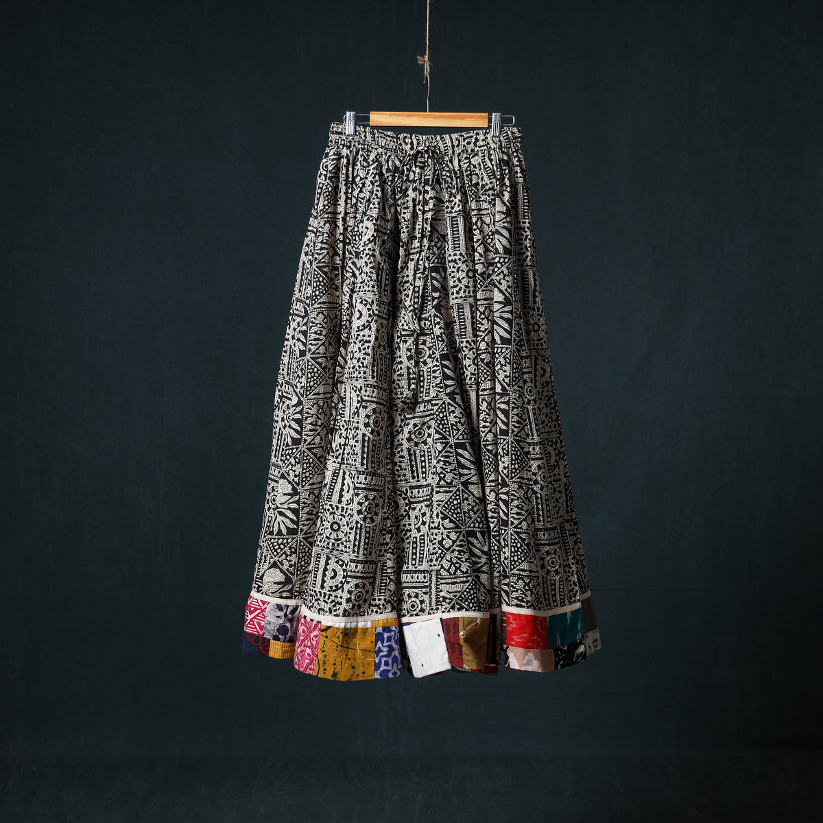 Bagru Hand Block Print 24 Kali Cotton Long Skirt with Patchwork Border 142