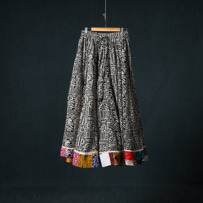 Bagru Hand Block Print 24 Kali Cotton Long Skirt with Patchwork Border 142