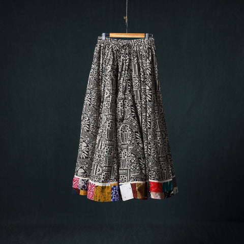 Black - Bagru Hand Block Print 24 Kali Cotton Long Skirt with Patchwork Border 142