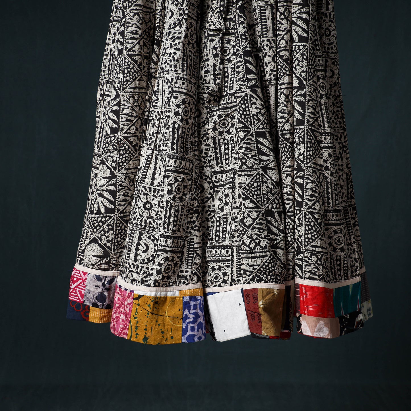 Bagru Hand Block Print 24 Kali Cotton Long Skirt with Patchwork Border 142