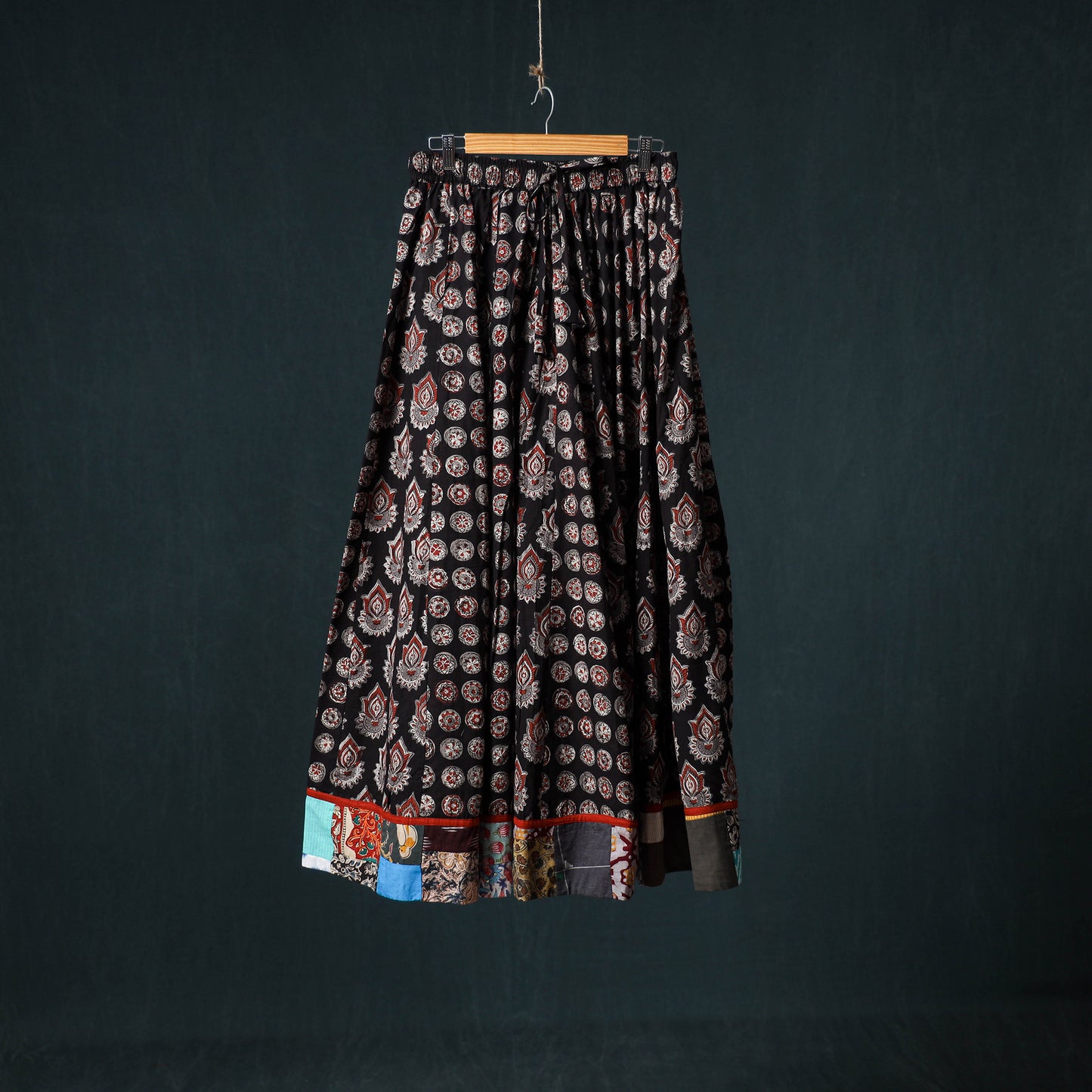 Bagru Hand Block Print 24 Kali Cotton Long Skirt with Patchwork Border 143